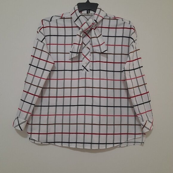 Zara Basic Size XS Oversized Plaid Tie Neck Long Roll Tab Sleeves Women's Blouse - Picture 1 of 9